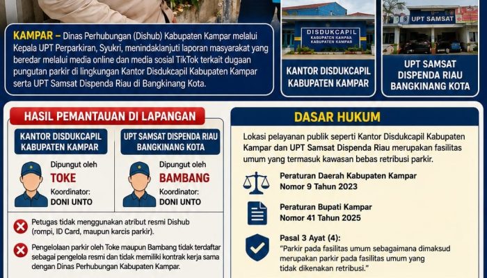 Dishub Kampar Tegaskan Pungutan Parkir di Disdukcapil dan UPT Samsat Tidak Resmi, Minta Dihentikan
