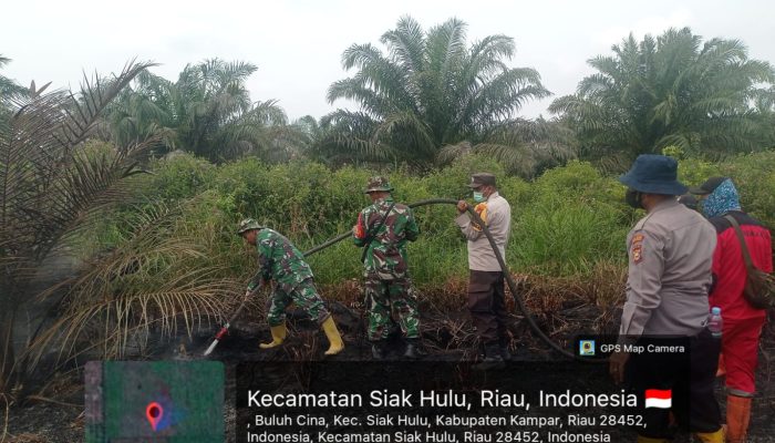 Gerak Cepat..! Kapolsek Siak Hulu Kolaborasi Bersama Anggota Koramil 06/SH Padamkan Api di Desa Buluh Cina
